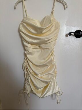 Oh Polly Cream Satin Ruched Cowl Mini Dress